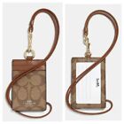 New Coach Id Badge Card Holder Lanyard Signature Canvas Leather Khaki Brown Gold