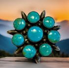 Vtg Zuni Turquoise Flower Cluster Flower Brooch Old Pawn Sterling Silver C 1950s
