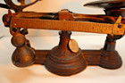 Antique 1880s  4 Brass Cast Iron Balance Scale With Weights   Pan  Marked  bos 