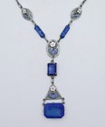 Antique Vintage Czech Silver Tone Enamel Glass Necklace Art Deco Blue Flower
