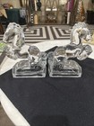 L e  Smith Rearing Horse Bookends Pair Set Clear Glass Art Deco Vintage 