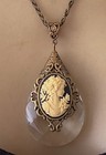 Victorian Revival Necklace Huge Antique Crystal Lamp Prism Black Cameo Pendant