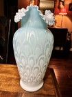 11 x5 25  Antique Satin Glass Vase Blue To White Peacock Eye Design Ruffled Top