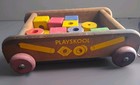Vintage Playskool Wooden Pull Toy Wagon Filled With Blocks   10 Pieces  