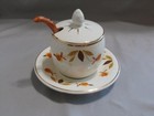 Vintage Jewel Tea Autumn Leaf 3 Piece Jam Mustard Jar Notched Lid Underplate
