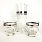 Vintage Mid Century Silver Band Cocktail Pitcher   2 Glass Barware Set Mcm