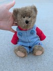 Brown Plush Teddy Bear With Clothes  Blue Overalls Red Shirt  Black Eyes