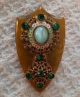 Vtg Bakelite Fur Clip Crest Brooch Green Rhinestones Pretty Mint Glass Cabichan 