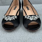Erijunor Black Satin Rhinestone Peep Toe Kitten Heel Pumps Womens Size 11 Party