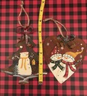 Two Primitive Rustic Hand Painted Snowmen Tin Christmas Ornaments Rusted Patina