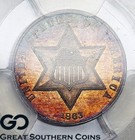 1863 Three Cent Silver Proof  Pcgs Pr-66    Cac Approved  Stunning Color  Rare 