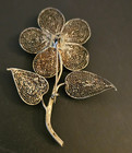 Antique 800 Silver Spun Delicate Filigree Wire Flower Leaves Stem Pin Brooch