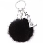 Fluffy Pompom Faux Fur Ball Keychains Crystal Letters Key Rings Blk us Shipping 