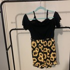 Women s Black Yellow Floral Romper Short Sleeve V-neck Polyester Size 170