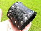 Men Cuff Large Black Bracelet  Wristband Alligator And Bison Leather Adjustable 