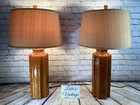 Pair Table Lamps Vtg Tall Orange      Drip Lava Mcm String Shades Fluted Cylinder