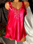 Vtg Satin Liquid Shiny Lux Sleepshirt Camisole Blouse Macrame Lace Import L 48 