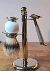 Vintage Silver Tip Badger Hair Shaving Brush W  Stand   Gem G Razor
