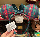 Authentic Hk Disney 2025 Christmas Mickey Minnie Mouse Plaid Beads Ear Headband
