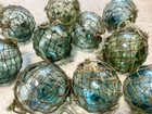 10 Japanese Antique Glass Fishing Floats W  Nets     Used     Approx  3  Dia