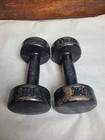 Vintage Set York Bun Roundhead Dumbells 10lbs Each Cast Iron Black 20lbs Total 