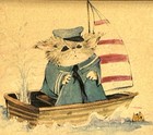 Vintage Miniature Art Print Navy Sailor Cat In Leaking Sailboat 6    X 5    W  Frame