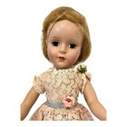 Vintage Hard Plastic Doll - 14  Pink Lace Dress  Red Hair  Sleep Eyes  Jointed