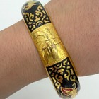 Vintage Thai Siam Style Hinged Bangle Bracelet Black Enamel Gold Tone Kinnari