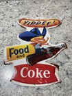 Coca Cola Metal Sign Yippee Food And Coke 11  Embossed Tin Cowboy Bottle