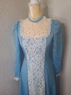 Vintage Gunne Sax Pattern Dress Light Blue Long Sleeve Lace Front Prairie Maxi