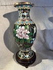 Vtg Chinese Cloisonn   Vase Black With Bird Of Paradise   Flowers 9 5  With Stand