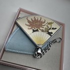 Vintage Elegance Fan Shaped Compact Mirror Charm Keychain Flowers Floral Nos