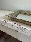 Vintage Vanity Tray Rectangular Mirrored Gold Brass Filigree Edge Footed Back 