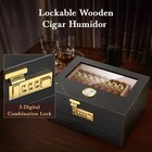 50 Cigars Humidor Storage Box Desktop Glasstop Humidifier Hygrometer Wood Box