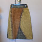 Boho Patchwork Button Front Skirt Brown Olive Green Mustard Yellow  Size 5 6