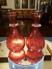 2 Matching Bottle Vases  Cranberry Red Crackle Clear Applied Neck  Vtg Glass