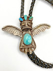 Vtg Sterling Turquoise Bolo Tie Eagle Kachina Heavy Gauge Native American Signed