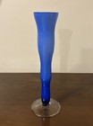 Cobalt Blue   White Cased Blown Glass 12 5    Wavy Ripple Rings Footed Bud Vase