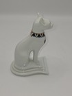 White Porcelain Cat Figurine With Blue Gold Decorative Collar Design On Base
