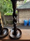 Pair Of English Antique Oak Barley   Brass Twist Candle Sticks