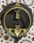 Vintage Brass Claddagh Door Knocker Celtic Cross  Irish Symbol On Wood Plaque
