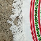 Vtg 65  Round Christmas Tablecloth White W  Red Bands Holly Garlands Fringed 