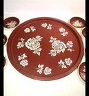 Mcm Metal Tray   Coaster Set Burgundy  Cream Floral Design