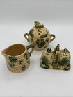 Vintage Brinns Majolica Beehive Honeycomb Clover Creamer Sugar Salt Pepper Set