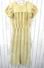 Vintage 1930s Beige Ivory Cotton Hand Crochet Knit Short Sleeve Midi Dress