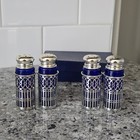 Japan Cobalt Blue Glass Silver Filigree Salt And Pepper Shakers Set Of 4 Vintage