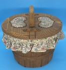 Vintage Wooden Heart Lidded Lined Sewing Picnic Basket Floral Leather Hinges 