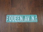 Vintage Metal Street Road Sign Queen Av N Heavy Gauge Embossed White Letters