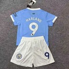 Youth Kid Haaland  9 Man City Sky Blue Home Soccer Jersey Short Set Size 14-30