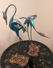 Antique Garden Art French Sculpted Cast Iron Cranes  Birds Painted   Rusted